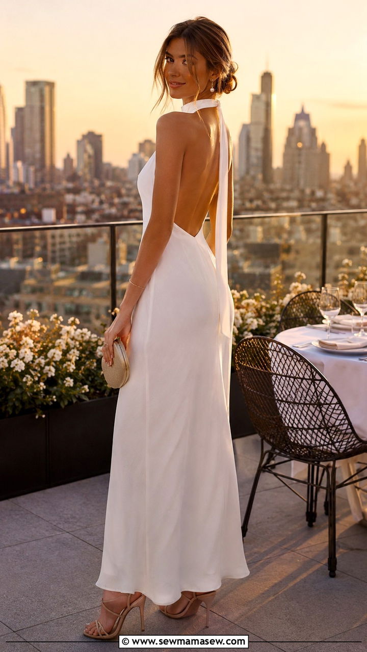 White halter maxi dress with nude strappy heels - 25 Travel outfit ideas for honeymoon