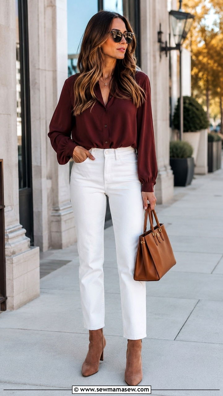 White jeans and fall toned blouse outfit - 30 transitional work outfit ideas