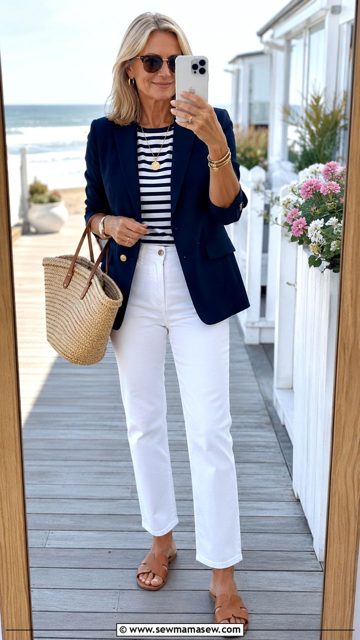 White jeans and navy blazer outfit - 20 Jeans and blazer outfit ideas over 50