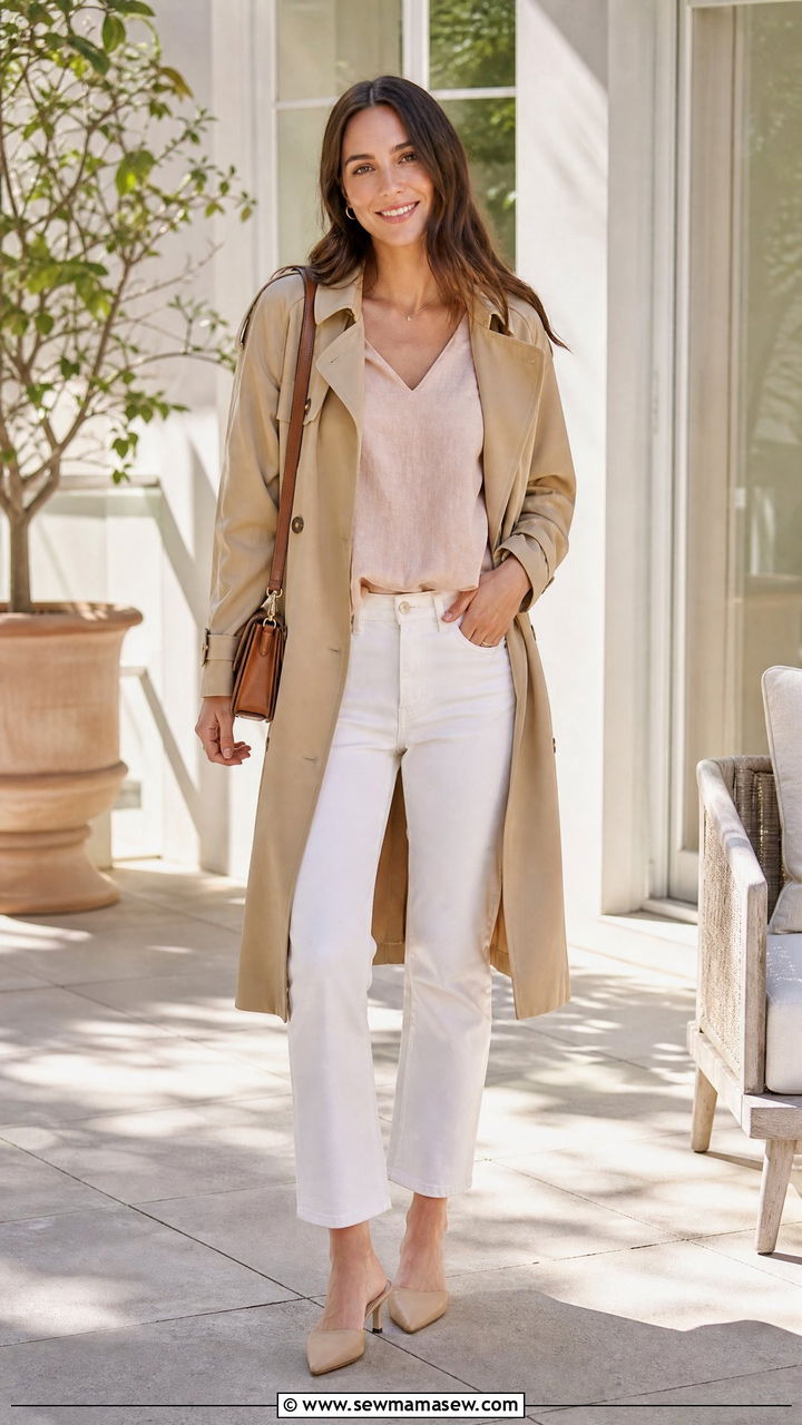 White jeans and trench coat summer look - 30 summer trench coat outfit ideas