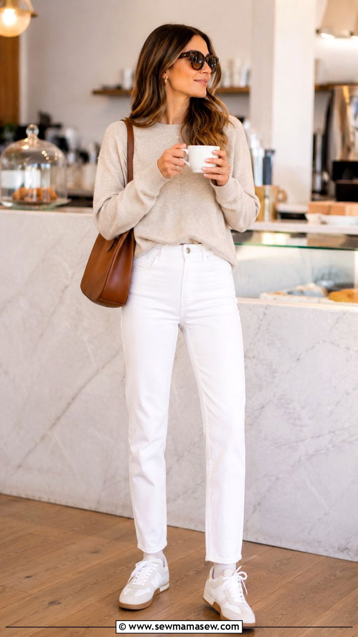 White jeans and white sneakers with beige knit - 25 White jeans outfit ideas with white sneakers