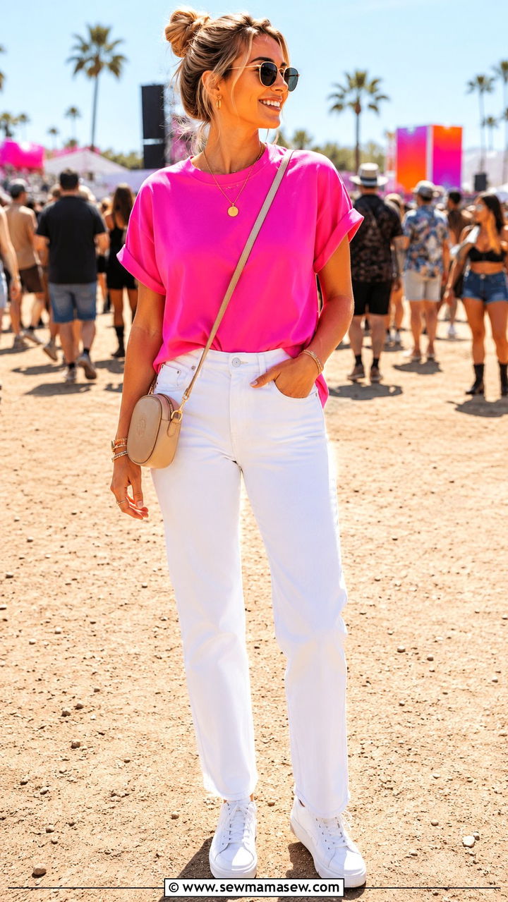 White jeans and white sneakers with bright top - 25 White jeans outfit ideas with white sneakers