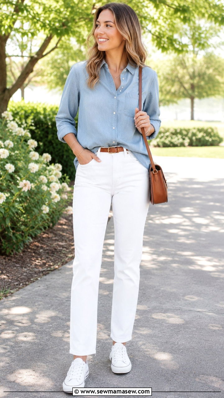 White jeans and white sneakers with chambray shirt - 25 White jeans outfit ideas with white sneakers
