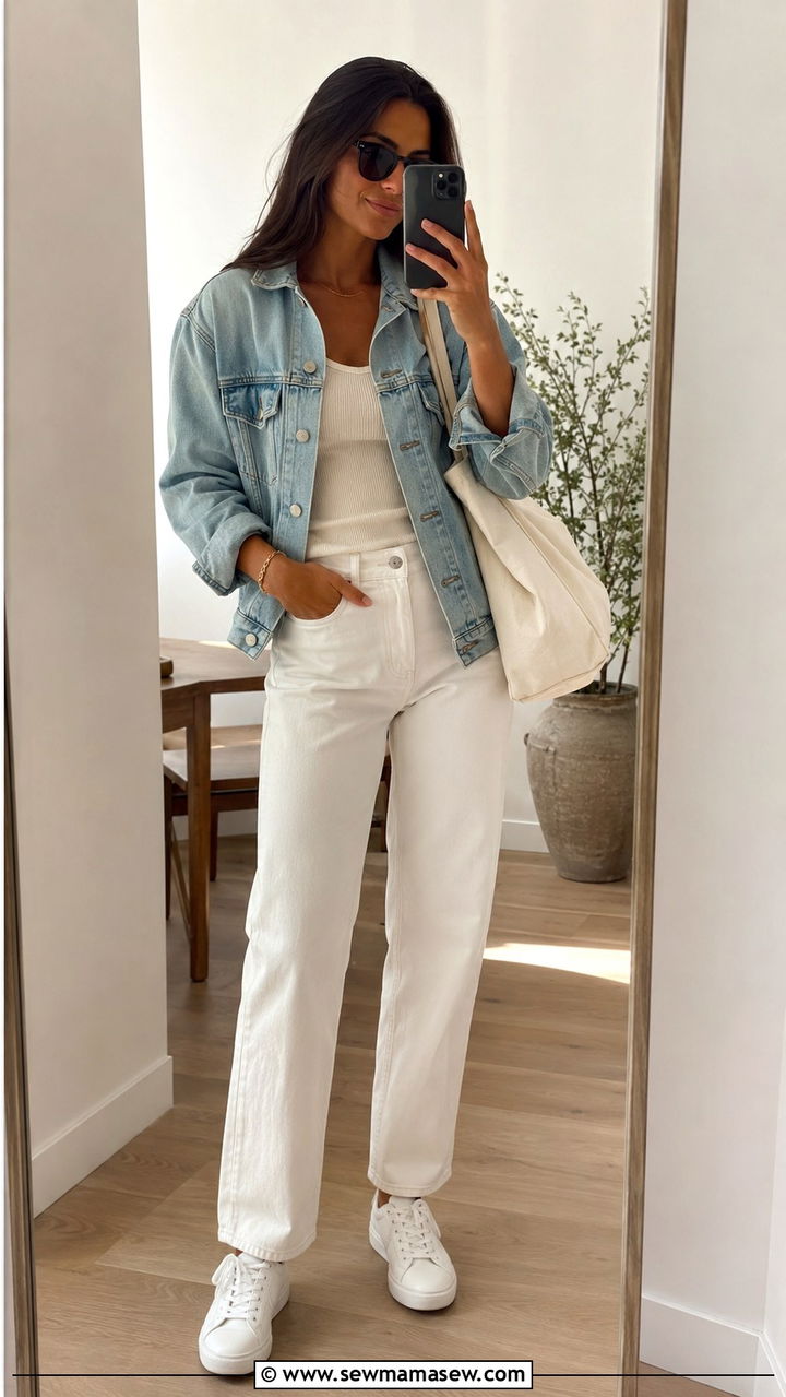 White jeans and white sneakers with denim jacket - 25 White jeans outfit ideas with white sneakers