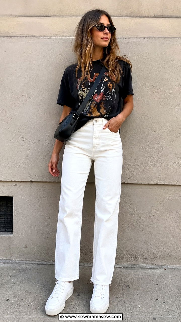 White jeans and white sneakers with graphic tee - 25 White jeans outfit ideas with white sneakers