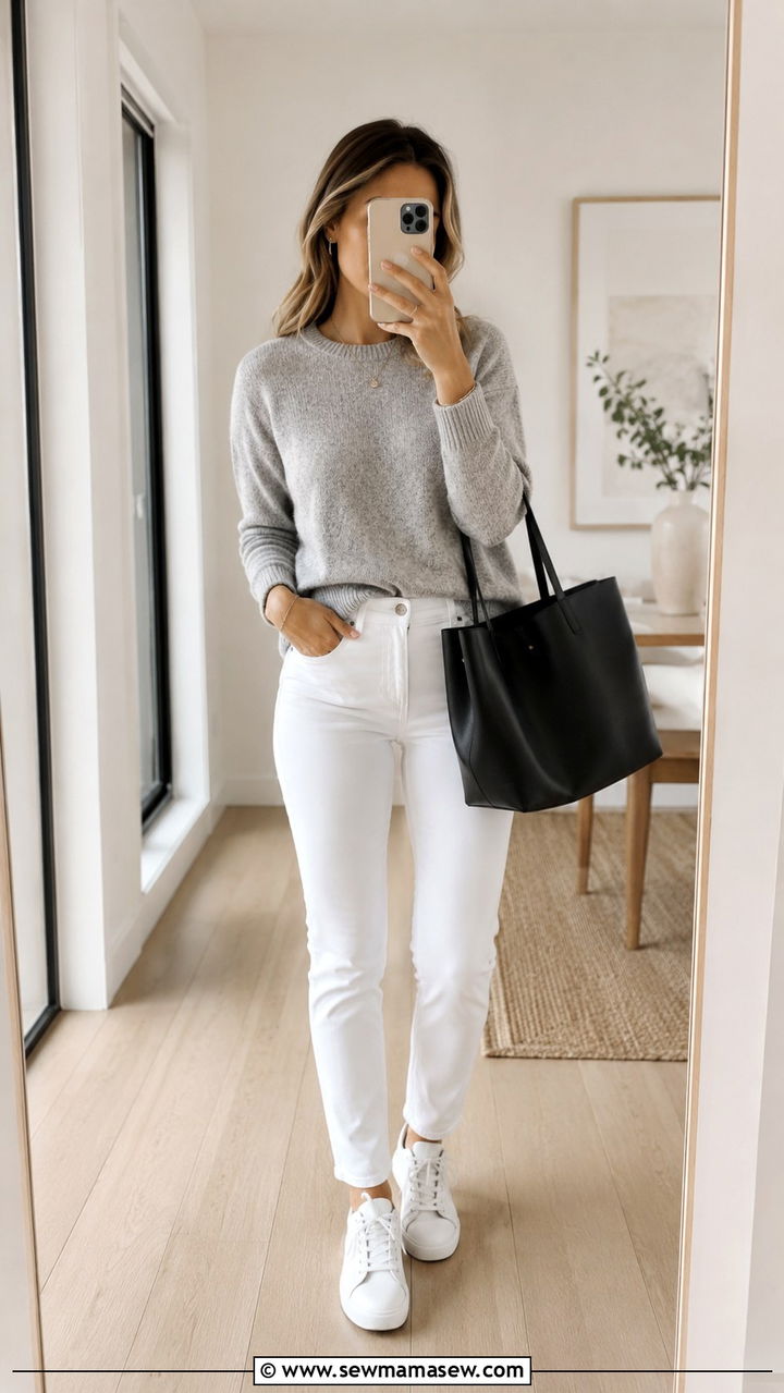 White jeans and white sneakers with grey sweater - 25 White jeans outfit ideas with white sneakers