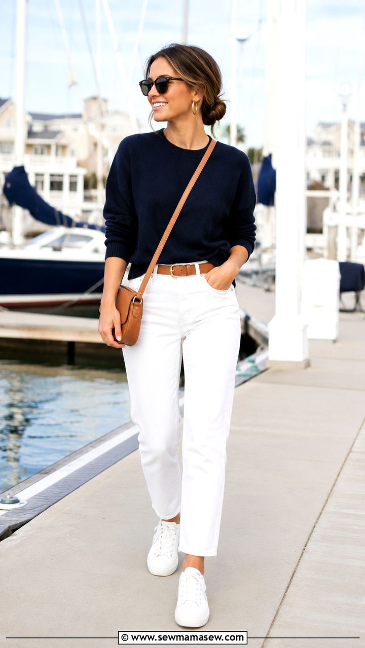 White jeans and white sneakers with navy top - 25 White jeans outfit ideas with white sneakers