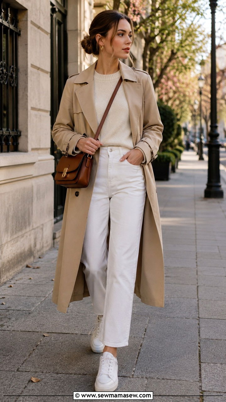 White jeans and white sneakers with trench coat - 25 White jeans outfit ideas with white sneakers