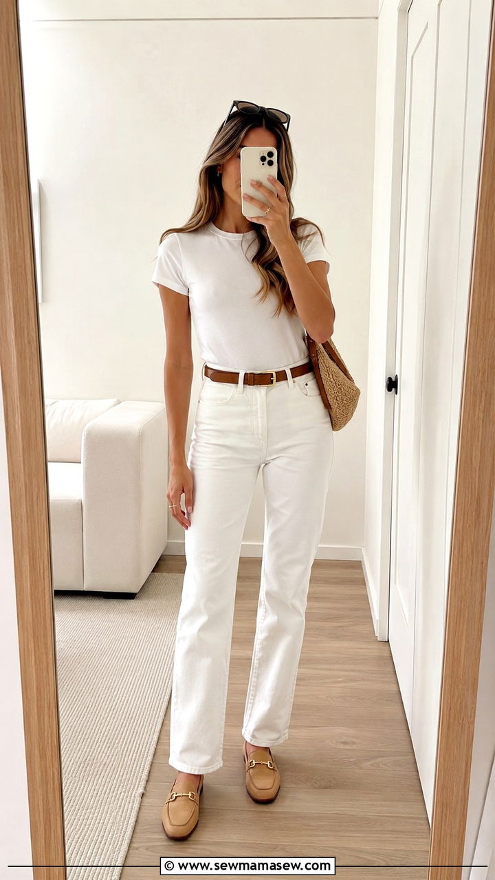 White jeans and white tee loafers outfit - 25 White jeans outfit ideas with loafers