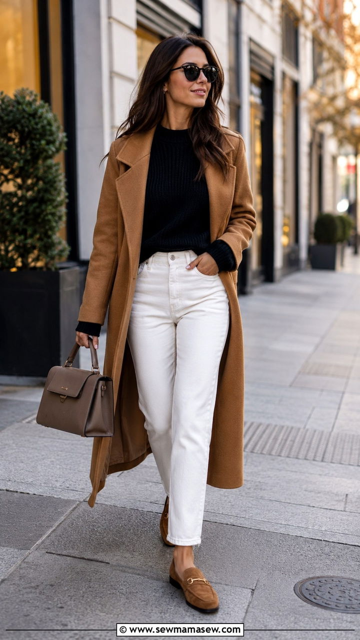 White jeans camel coat and loafers outfit - 25 White jeans outfit ideas with loafers