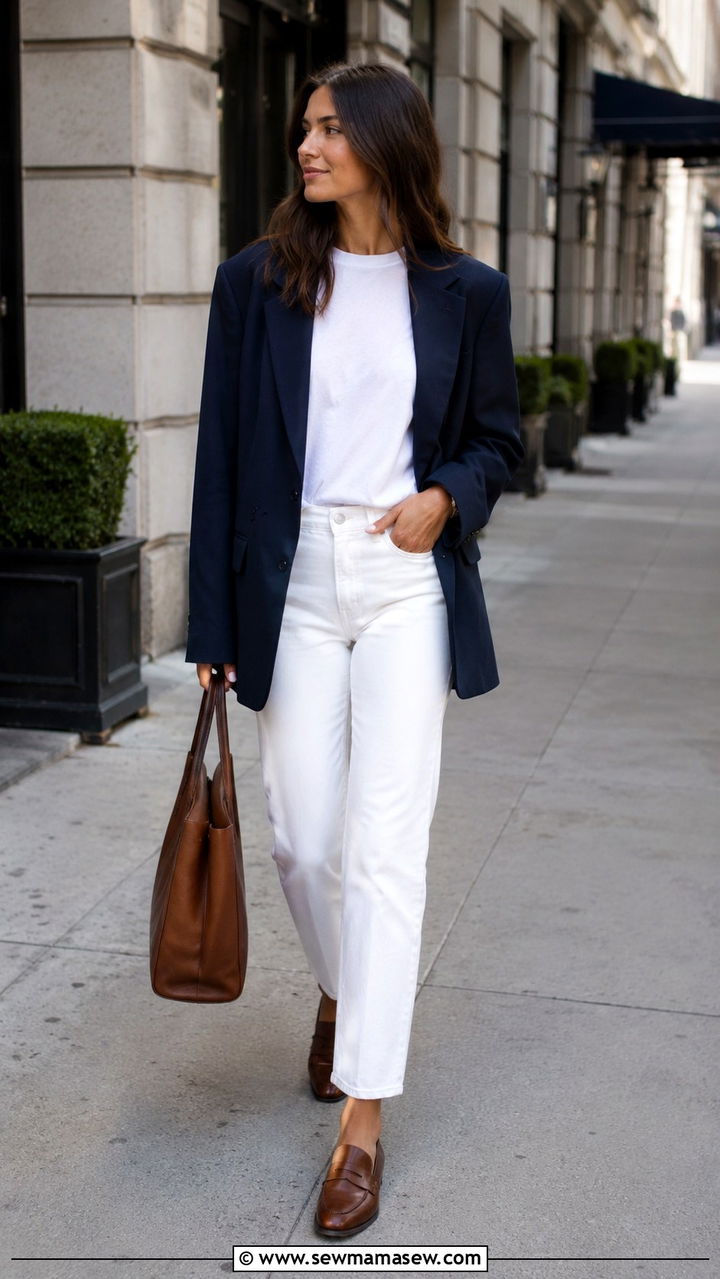 White jeans outfit with blazer and loafers - 25 Trendy spring outfit ideas 2026
