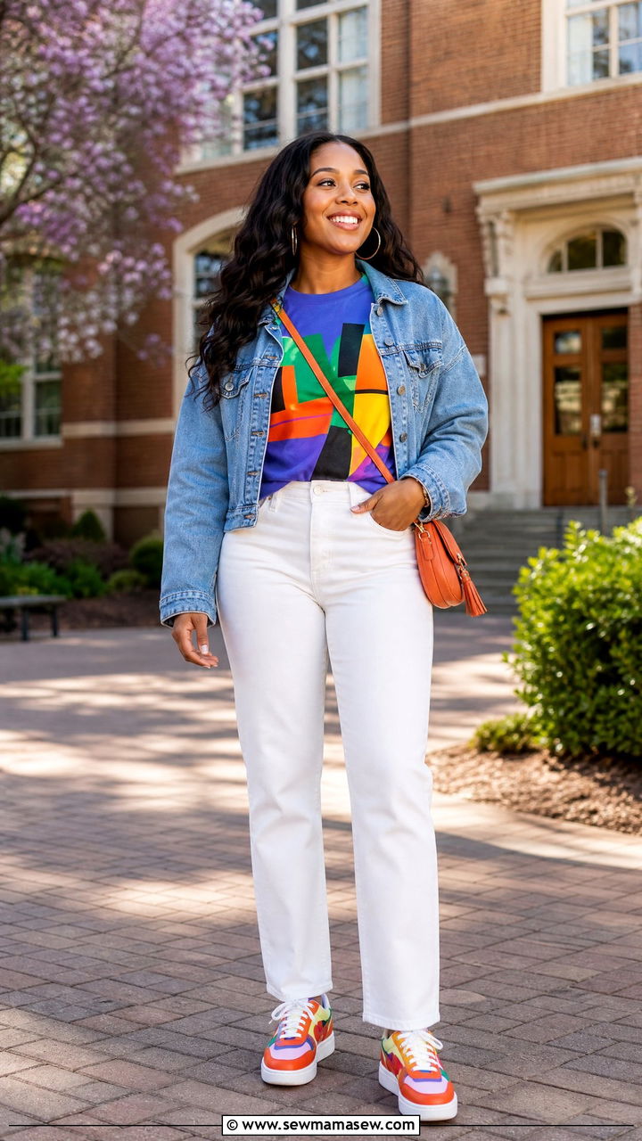 White jeans outfit with colorful school tee - 25 Gameday outfit ideas HBCU