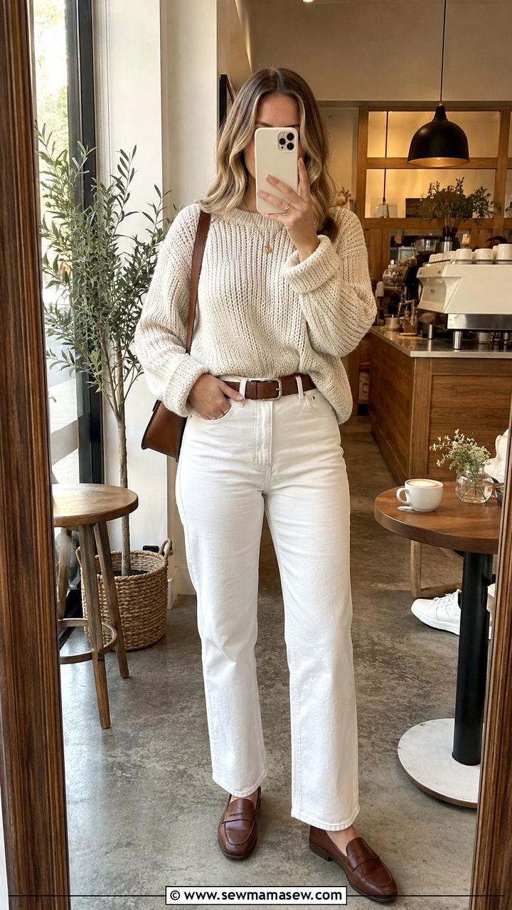 White jeans sweater and loafers outfit - 25 White jeans outfit ideas with loafers