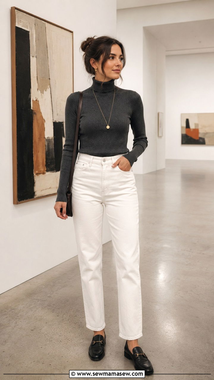 White jeans turtleneck and loafers outfit - 25 White jeans outfit ideas with loafers