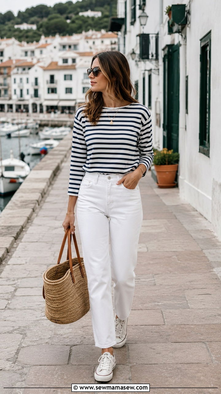 White jeans with Breton striped top and canvas sneakers - 30 spring running errands outfit ideas