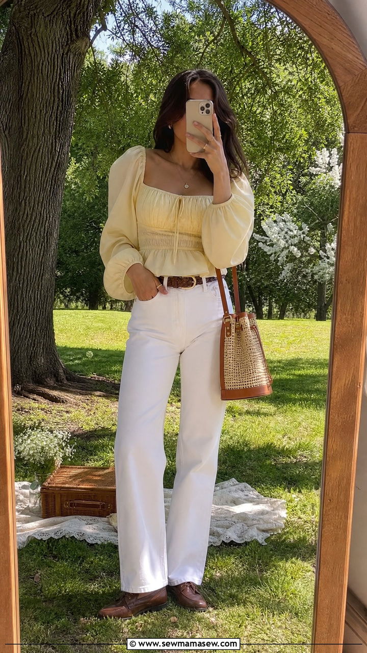 White jeans with a romantic blouse and derby shoes - 25 fashion inspo outfits 2026