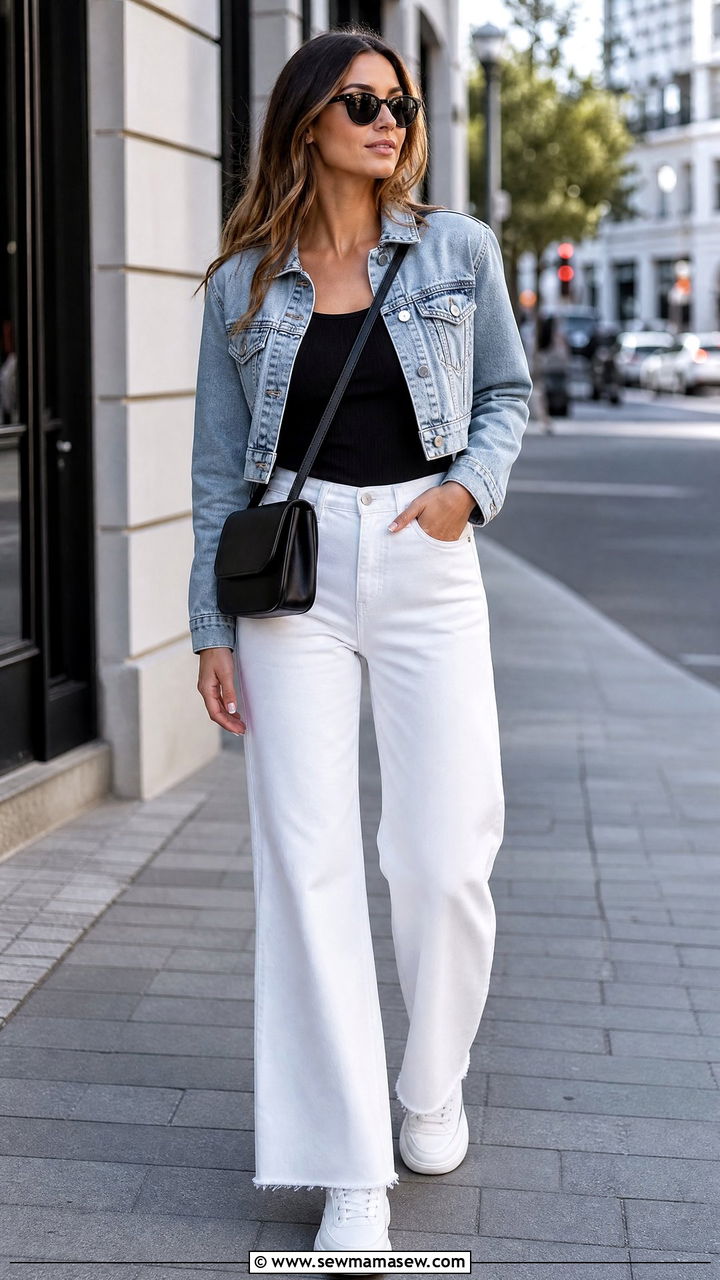 White jeans with black tank top and denim jacket - 30 summer white jeans outfit ideas
