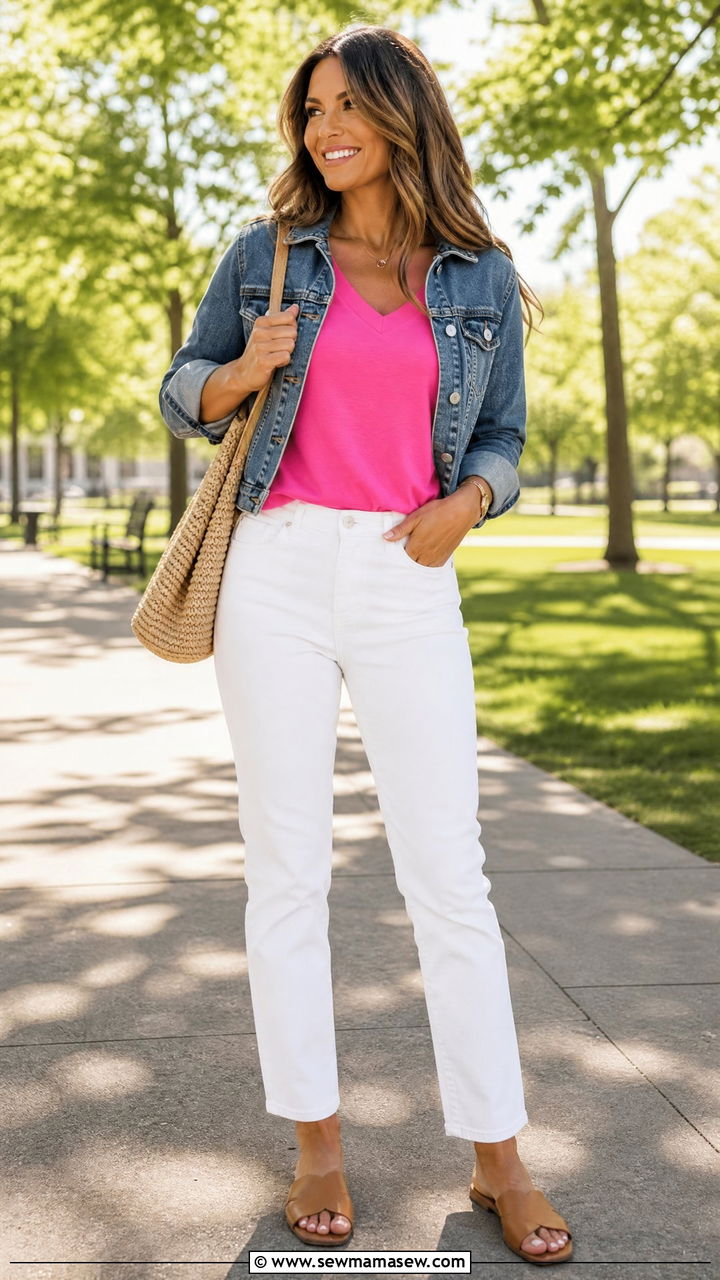 White jeans with bright pink top and denim jacket - 30 summer white jeans outfit ideas
