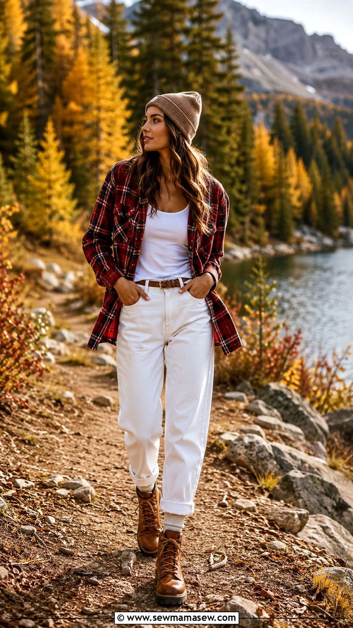 White jeans with brown lace up boots and flannel shirt - 25 White jeans outfit ideas with boots