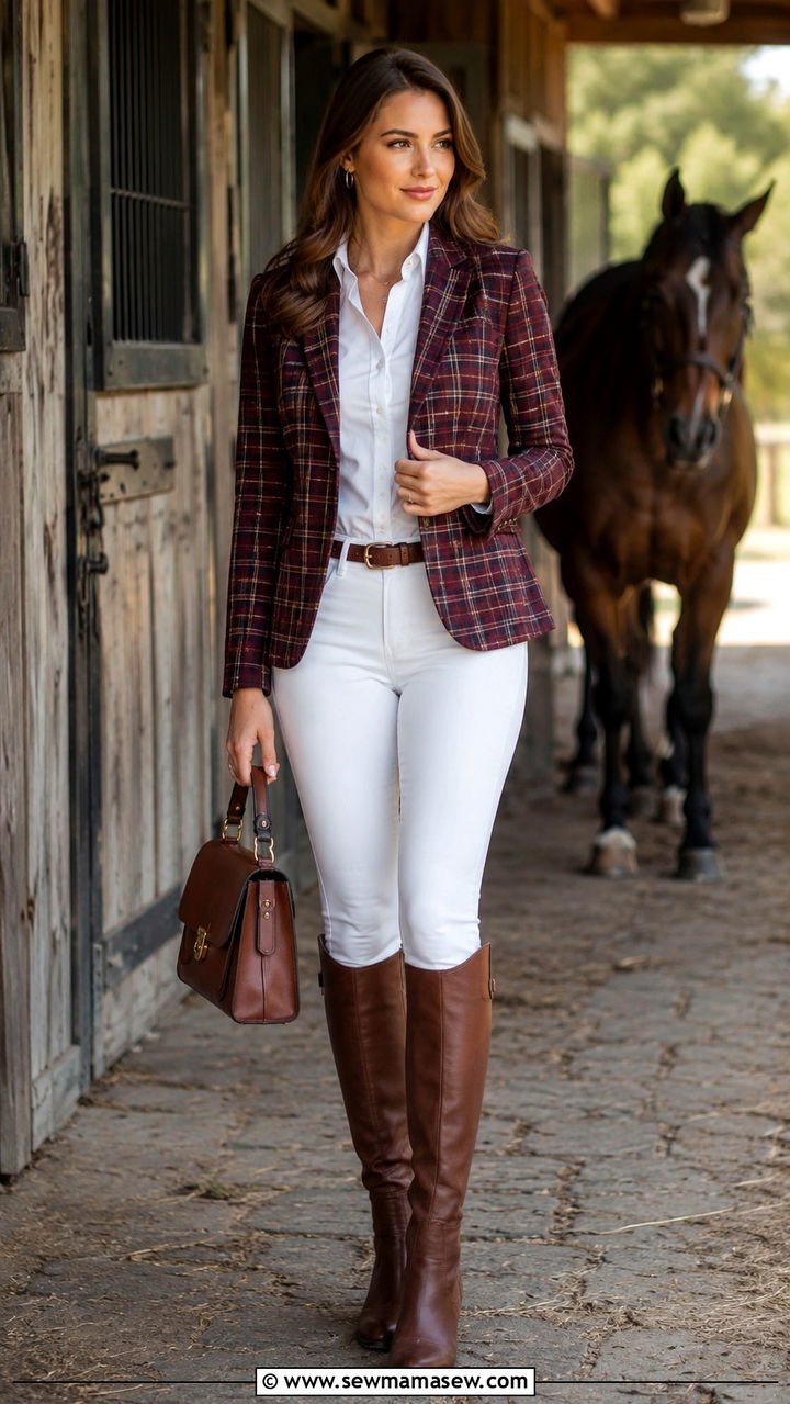 White jeans with brown riding boots and plaid blazer - 25 White jeans outfit ideas with boots