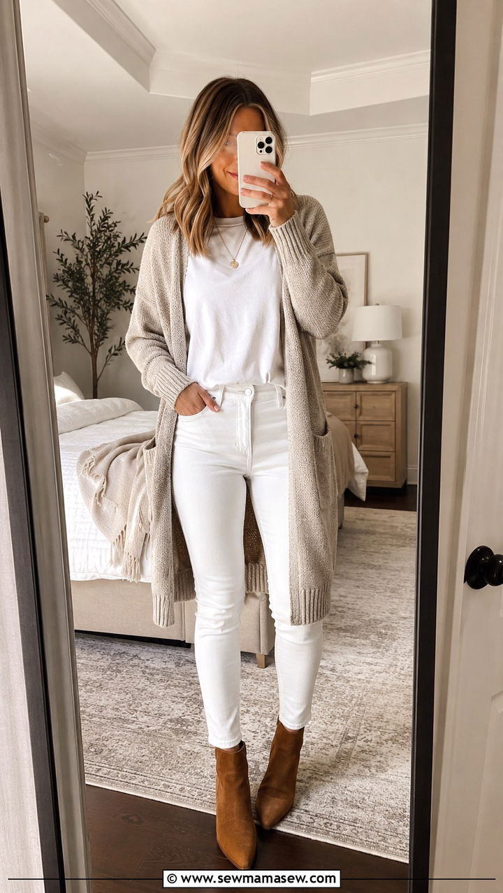 White jeans with brown suede ankle boots and cardigan - 25 White jeans outfit ideas with boots