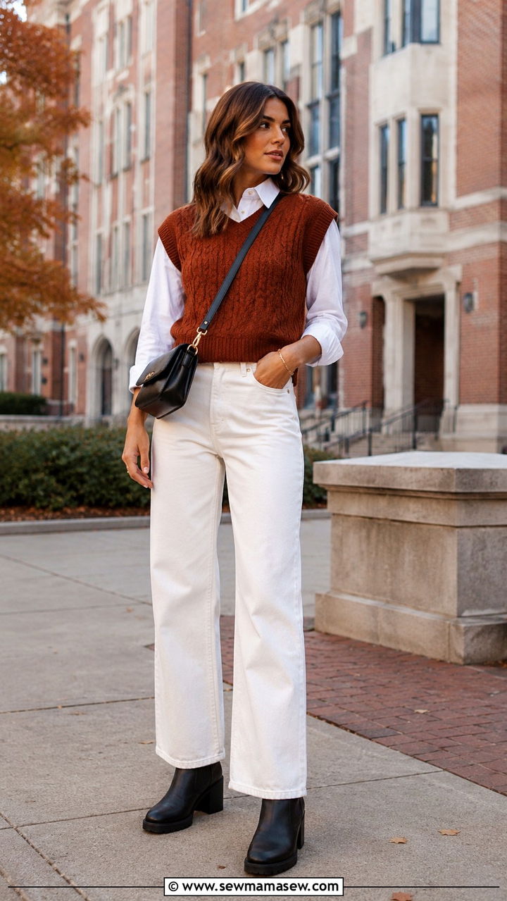 White jeans with chunky heel Chelsea boots and sweater vest - 25 White jeans outfit ideas with boots
