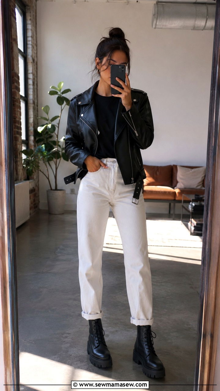 White jeans with combat boots and leather jacket - 25 White jeans outfit ideas with boots