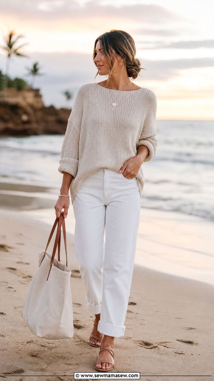 White jeans with cozy sweater for cool summer evenings - 30 summer white jeans outfit ideas