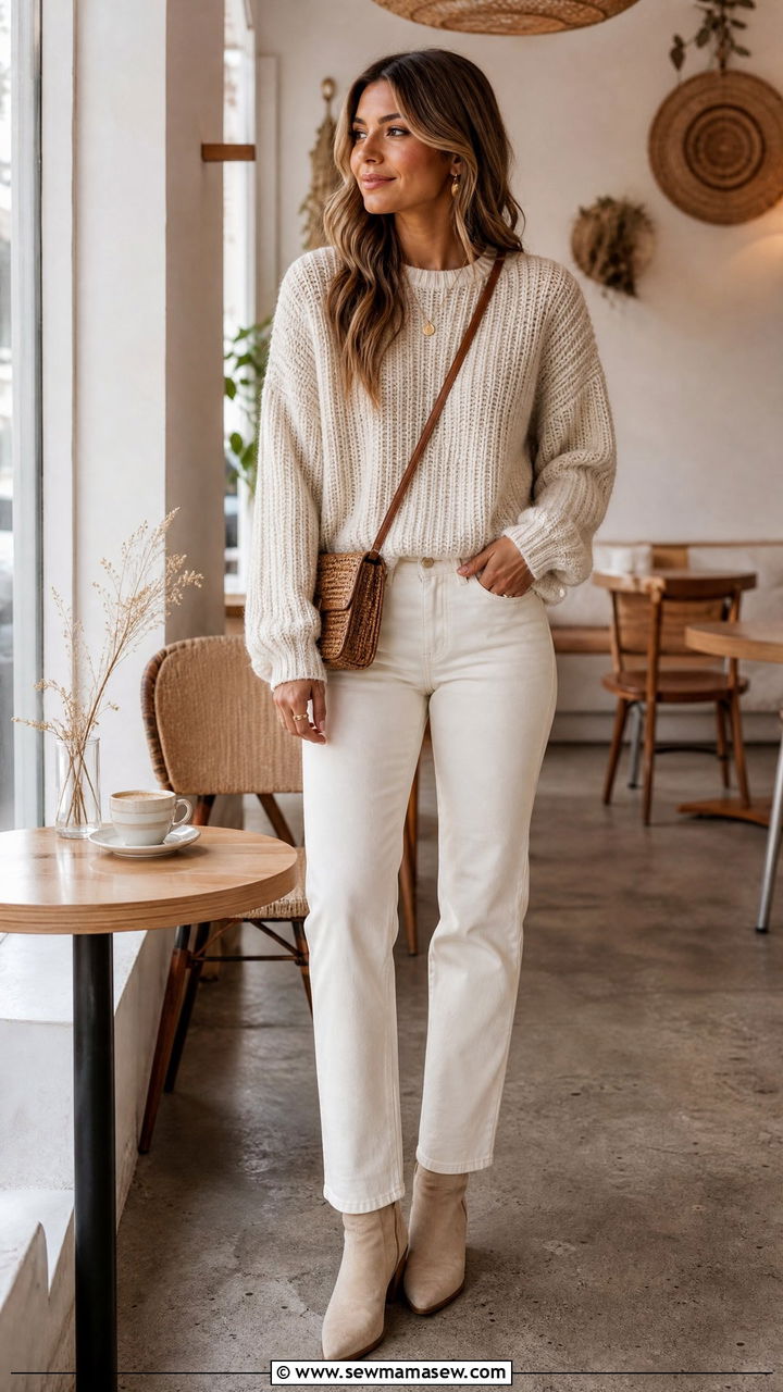 White jeans with cream knit sweater - 30 minimalist outfits for women