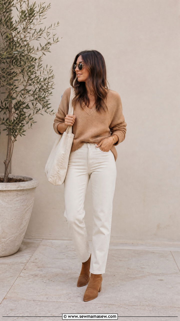 White jeans with earth tone sweater outfit - 35 Model off duty outfit ideas
