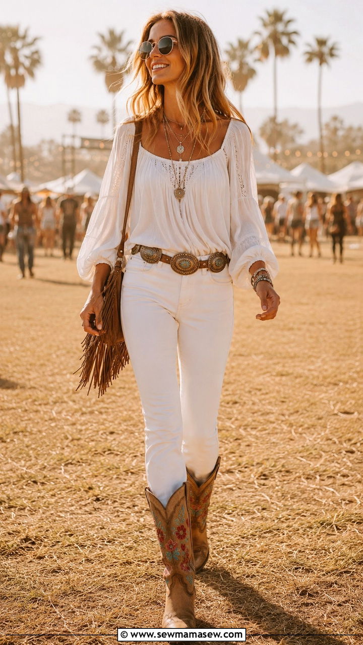 White jeans with embroidered cowboy boots and peasant top - 25 White jeans outfit ideas with boots