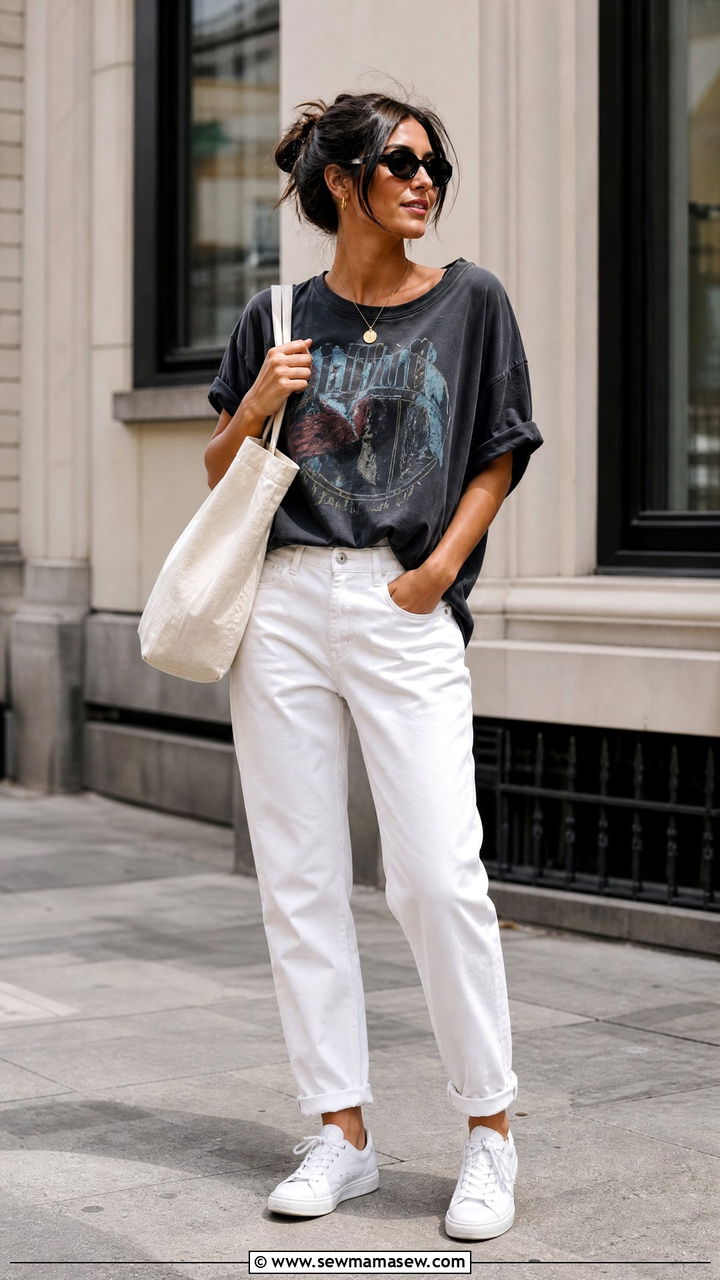 White jeans with graphic tee and sneakers - 30 summer white jeans outfit ideas
