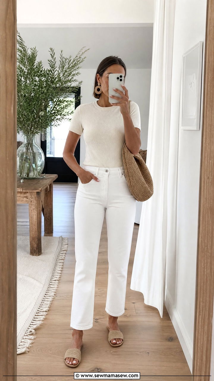 White jeans with knit top and raffia bag - 30 summer white jeans outfit ideas