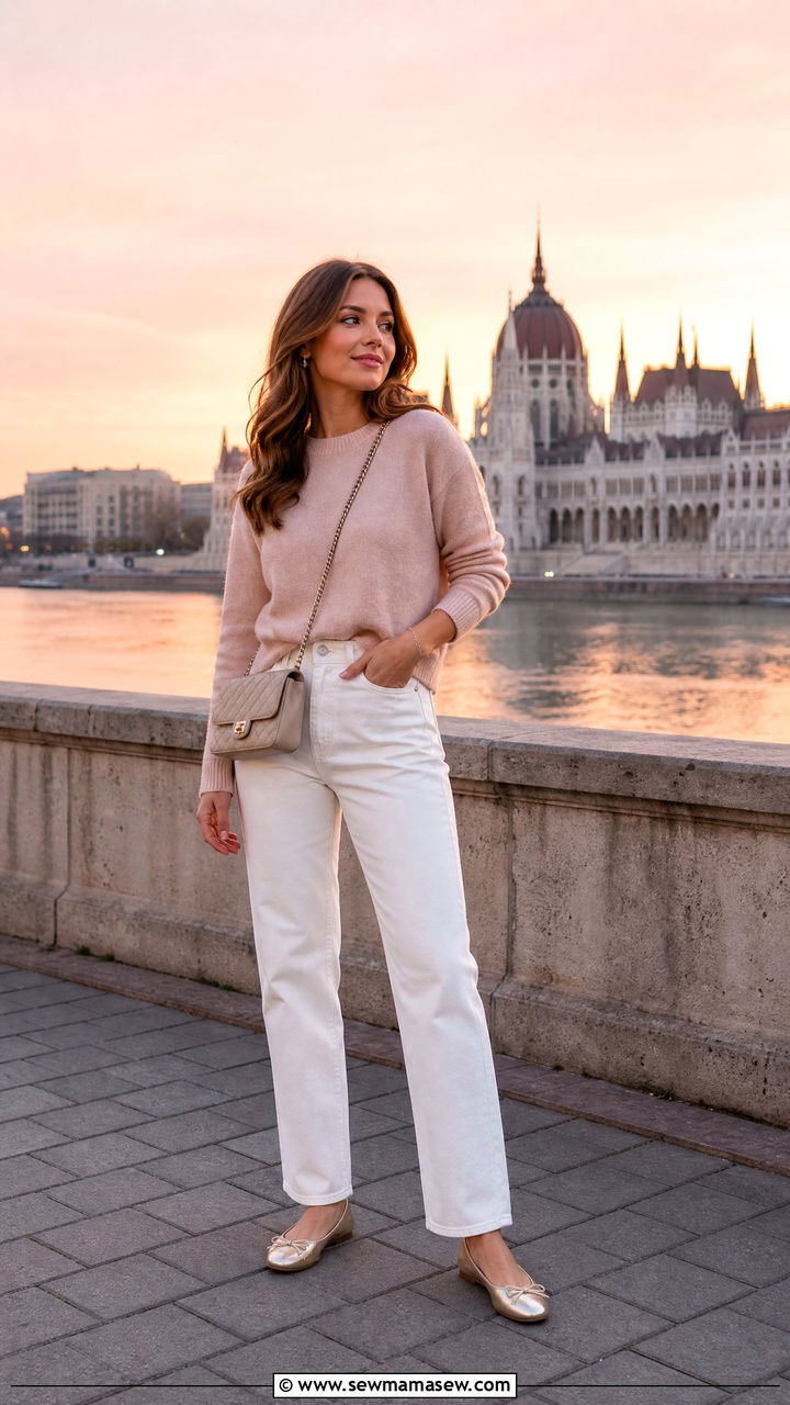 White jeans with lightweight cashmere sweater Budapest outfit - 25 Budapest outfit ideas