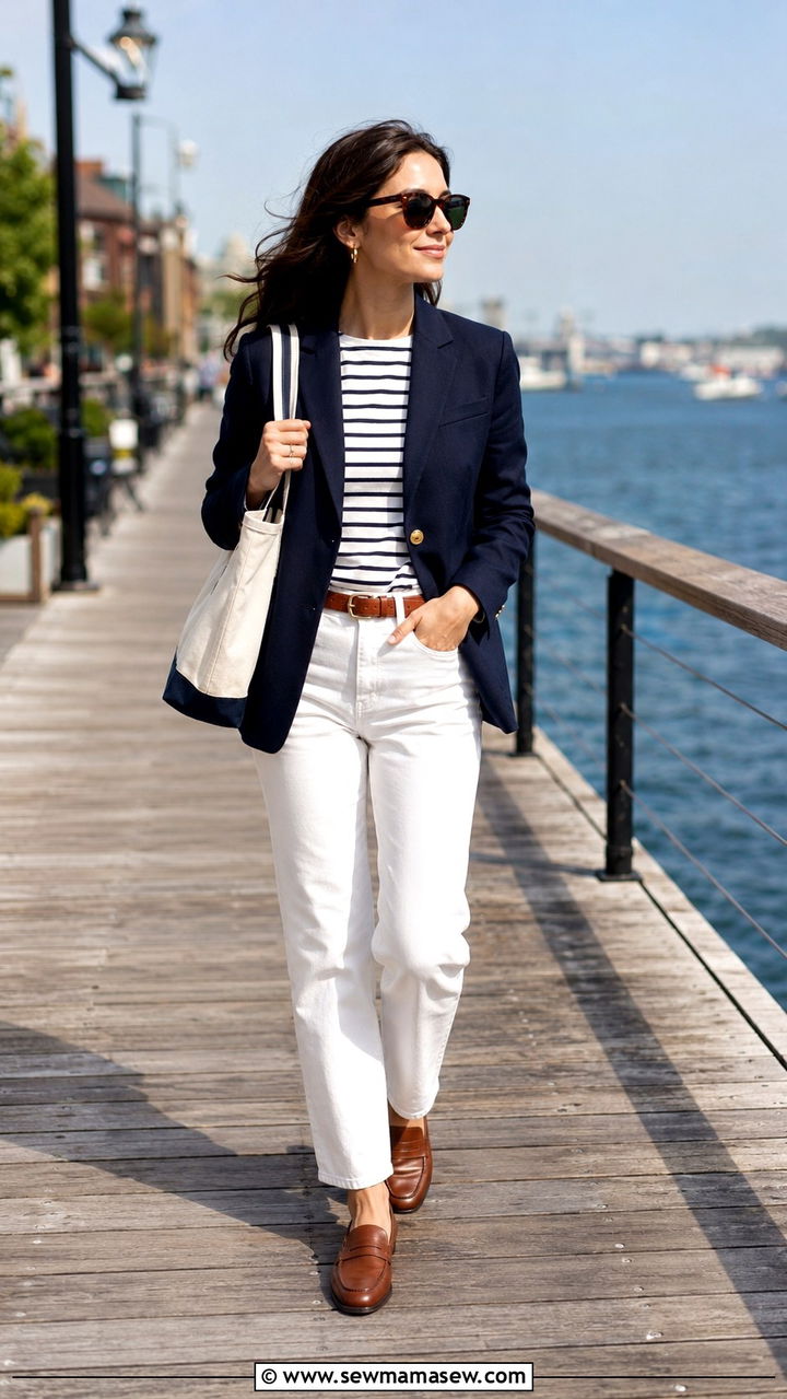 White jeans with navy blazer and loafers - 30 Spring travel capsule wardrobe