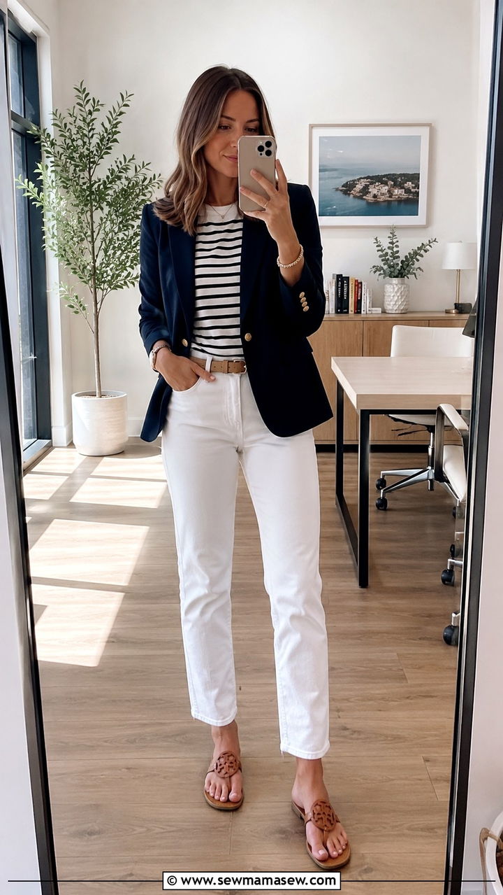 White jeans with navy blazer and striped top - 25 Recruiter outfit ideas