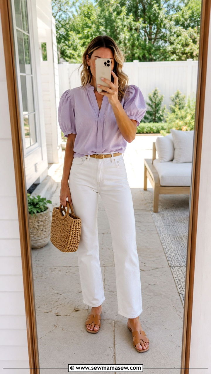White jeans with pastel blouse and slide sandals outfit - 30 Spring backyard outfits