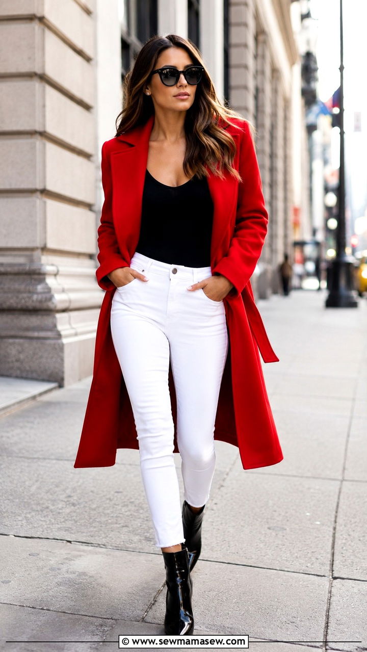 White jeans with patent leather boots and statement coat - 25 White jeans outfit ideas with boots