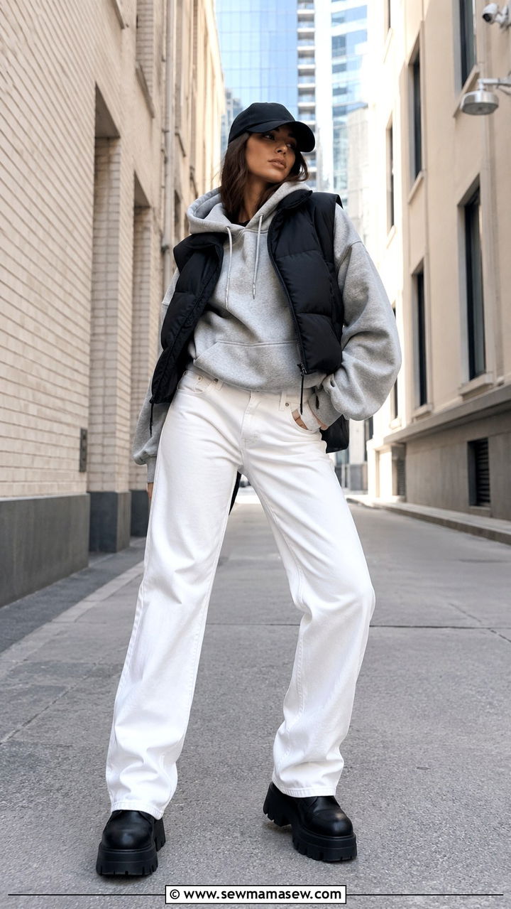 White jeans with platform boots and oversized hoodie - 25 White jeans outfit ideas with boots