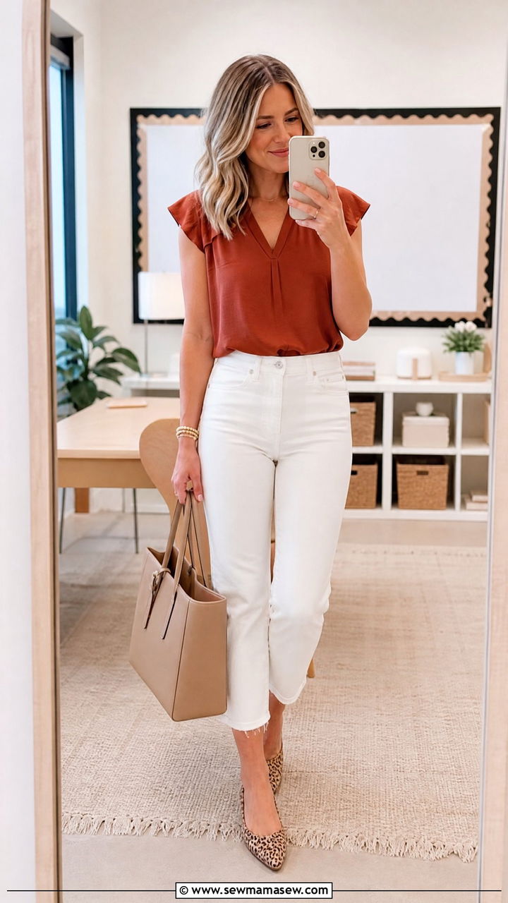 White jeans with rust colored top - 30 Summer outfit ideas for teacher