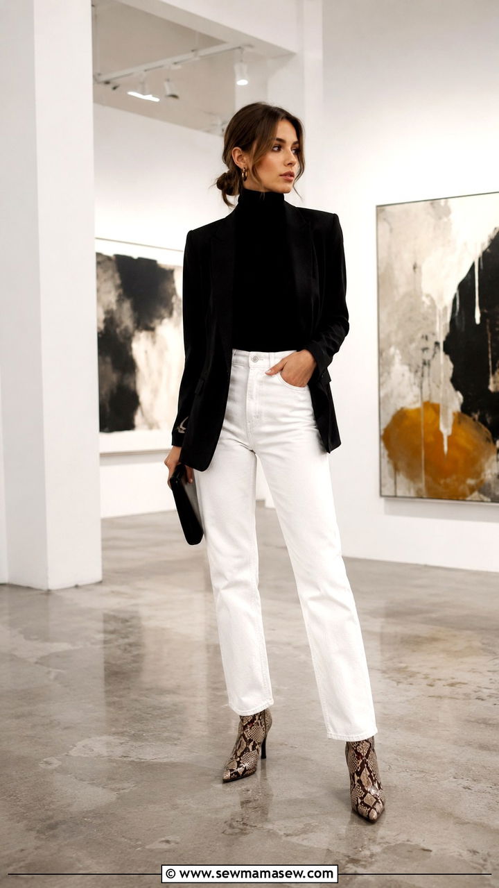 White jeans with snakeskin print boots and black turtleneck - 25 White jeans outfit ideas with boots