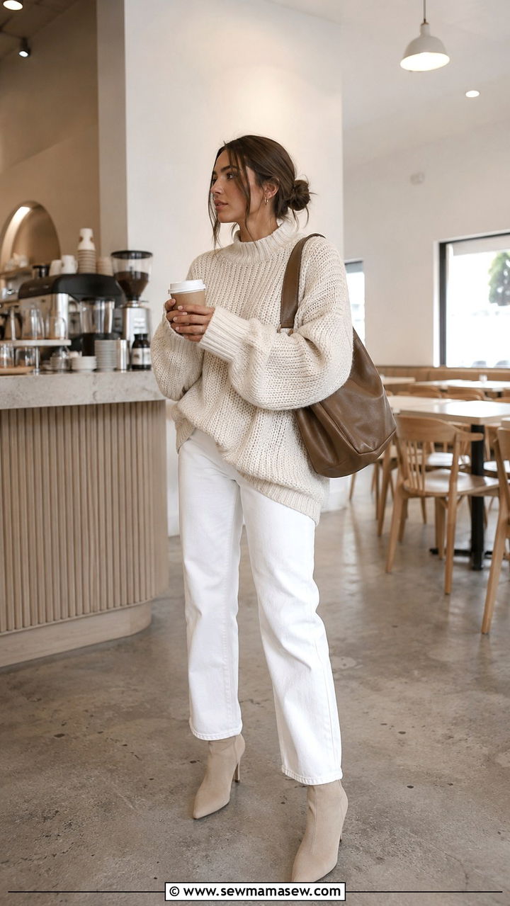 White jeans with sock boots and oversized knit - 25 White jeans outfit ideas with boots