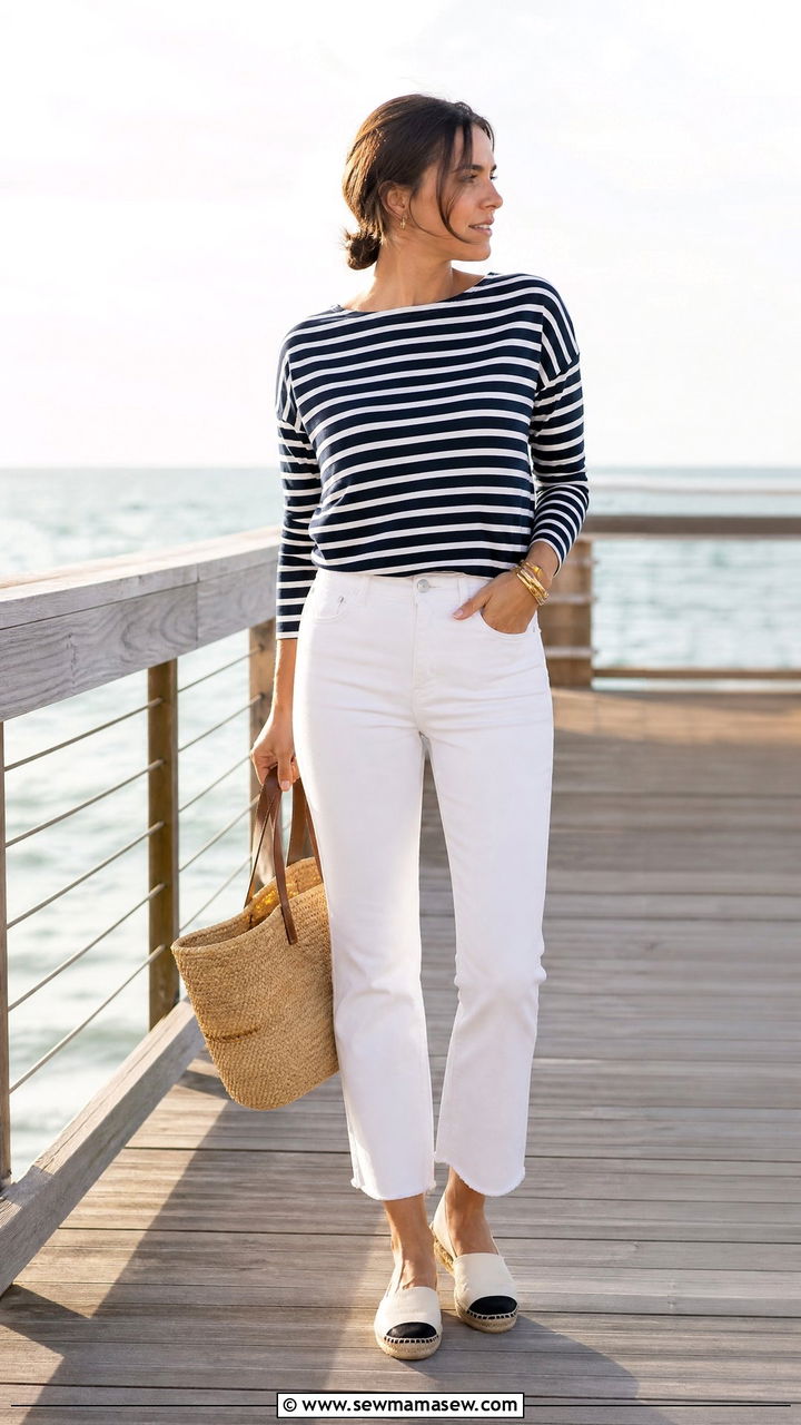 White jeans with striped tee and espadrilles - 30 summer white jeans outfit ideas
