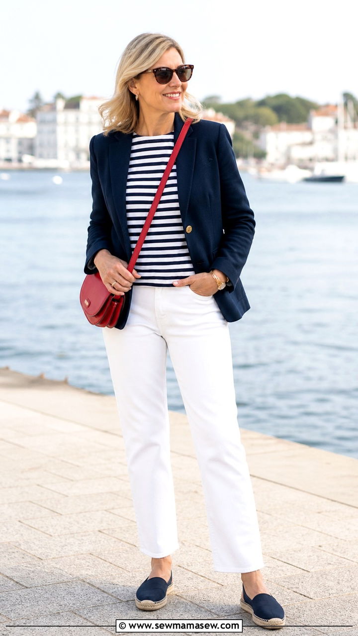 White jeans with striped tee and navy blazer spring outfit - 40 Spring outfit ideas for women over 40 2026