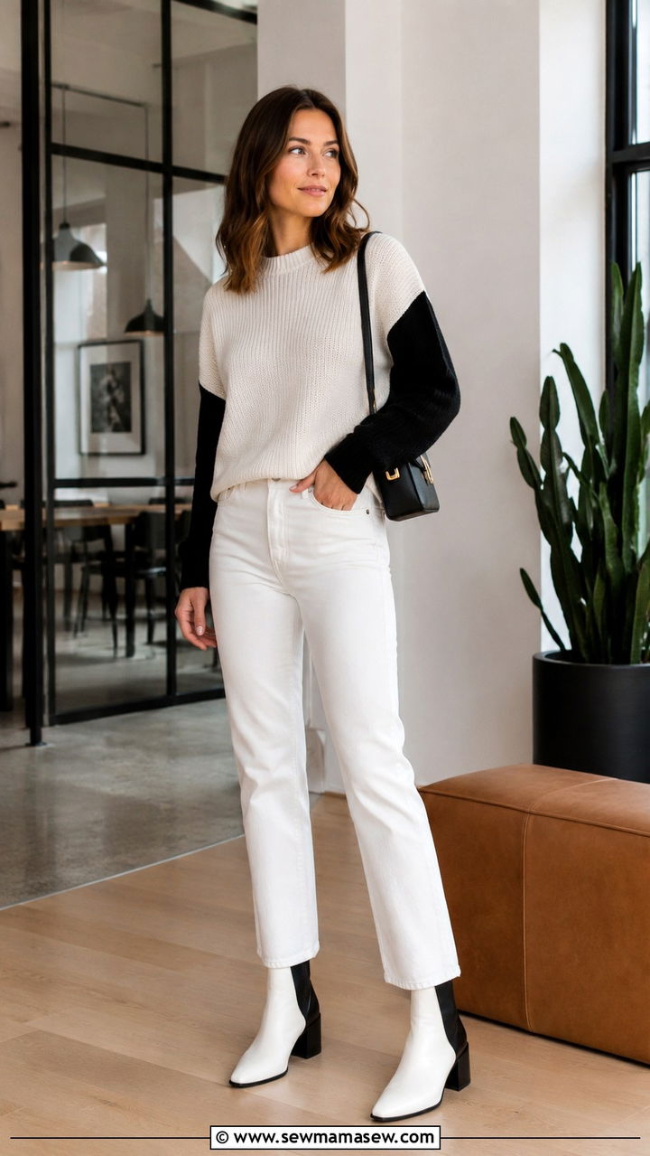 White jeans with two tone boots and color block sweater - 25 White jeans outfit ideas with boots