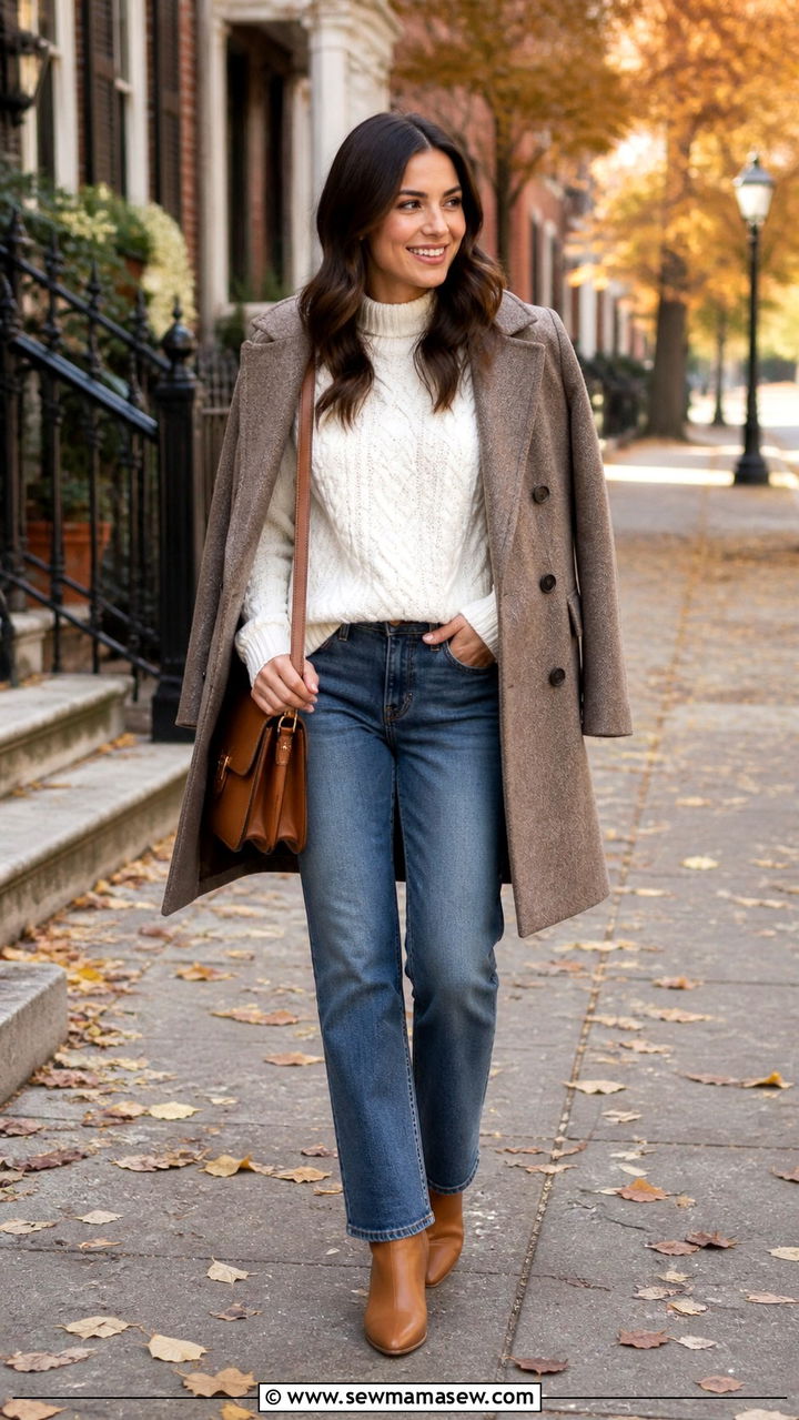 White knit sweater with blue jeans outfit - 40 Blue and white outfit ideas