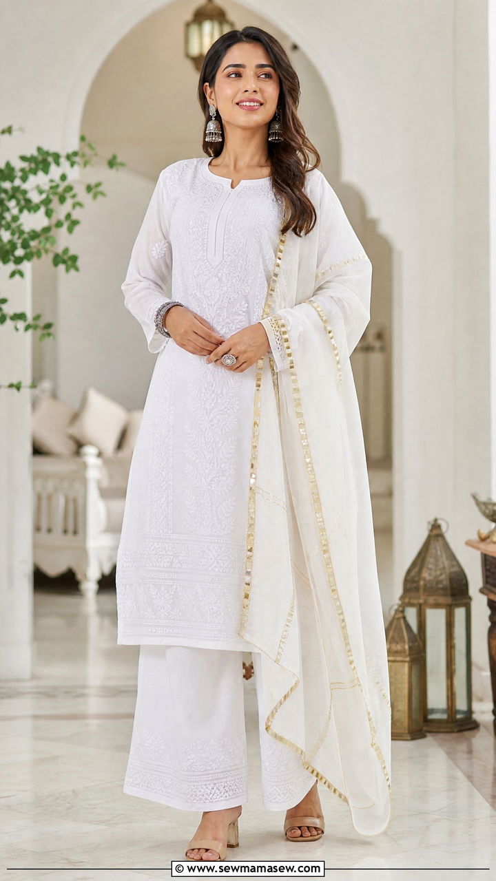 White kurta set with palazzo and dupatta - 25 Iftar party outfit ideas