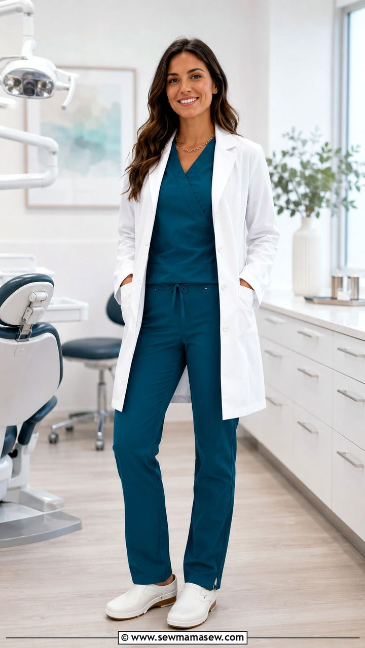 White lab coat over teal scrubs - 30 Dental hygienist outfit ideas