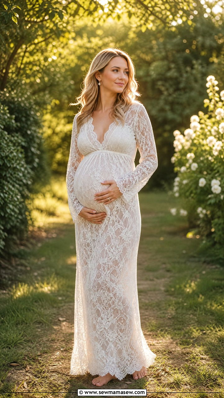 White lace maternity gown for outdoor summer photoshoot - 25 Maternity photo outfit ideas summer
