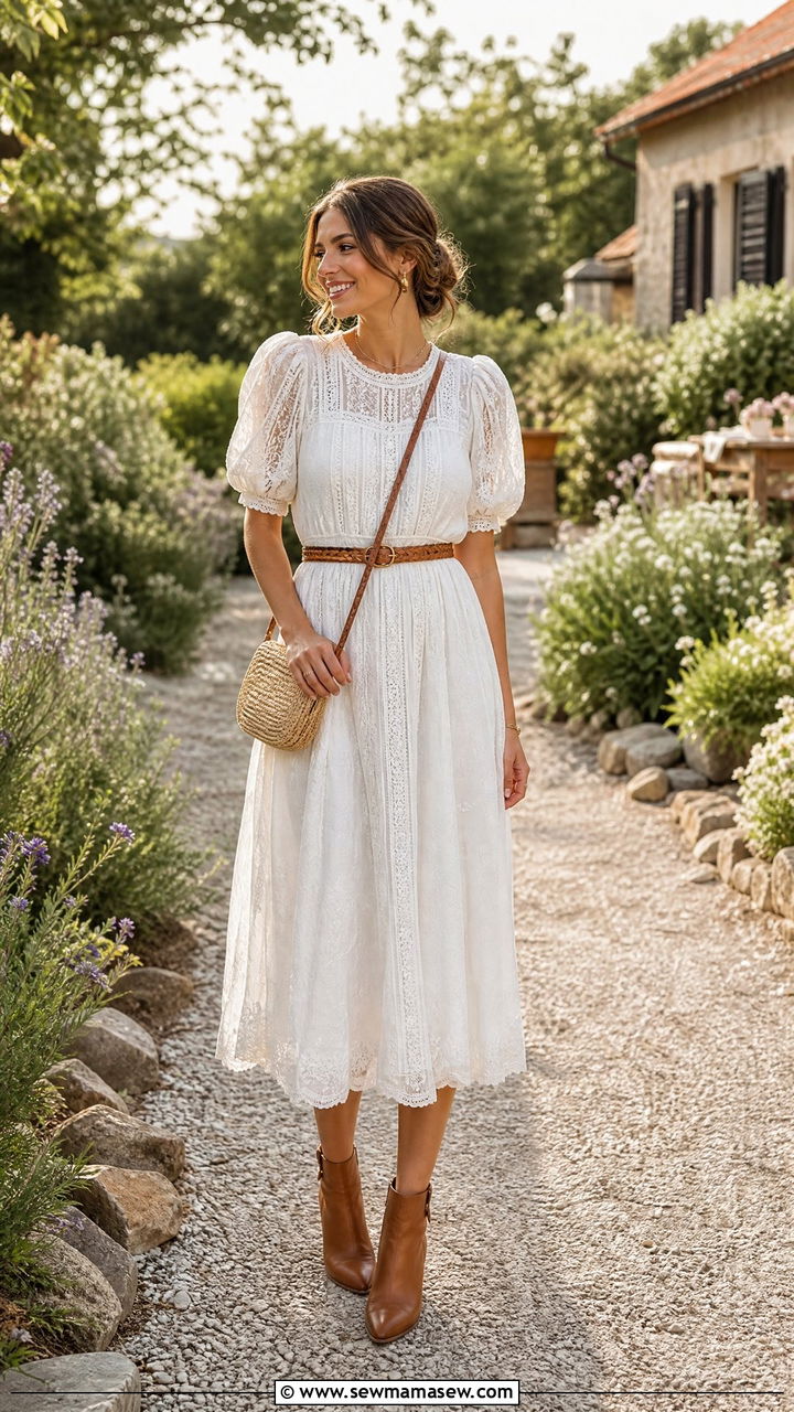 White lace prairie dress with ankle boots - 25 classy cottagecore outfit ideas